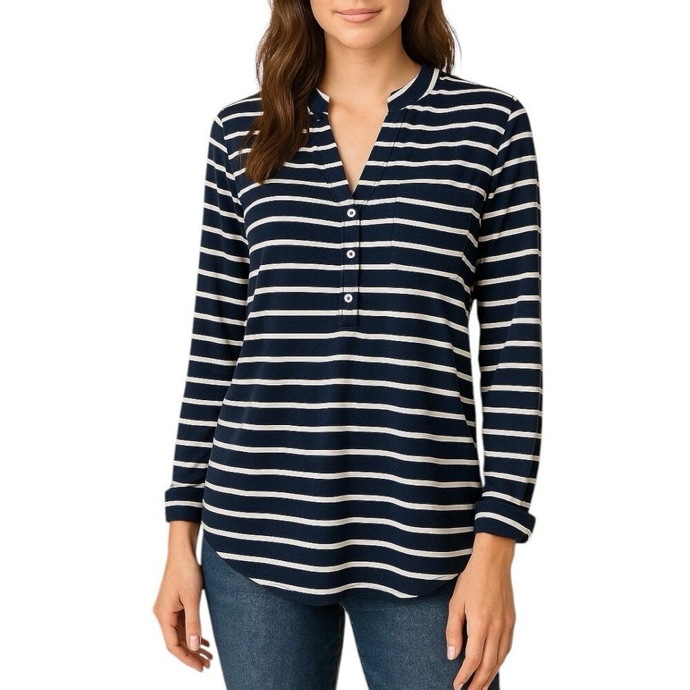 Revolve LA Made Womens Large Button Up Top‎ Blue Stripe Nautical Cruise Wear NWT